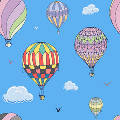 Balloons seamless vector pattern on blue background. Many differently colored striped air balloons flying in the clouded sky. Clouds and birds soaring in the sky. Travel and vacation.
