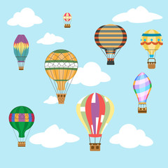 Obraz premium Aerostat air balloon sky clouds flight travel basket retro airship cartoon icons set design vector illustration