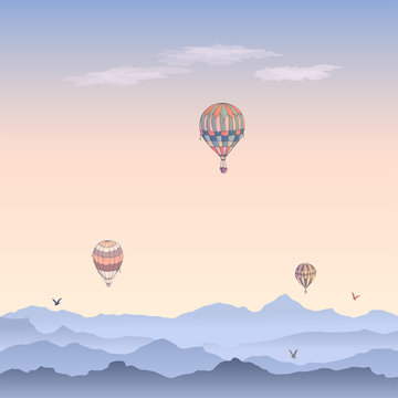 Balloons vector card. Some differently colored striped air balloons flying in the clouded morning sky. Patterns of clouds and birds soaring in the sky. Travel and vacation.
