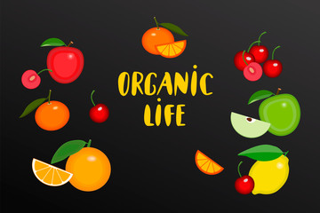 Fruits with hand written text Organic life logo for organic shop. Vector Fruits collecton of apples, lemon, cherry, orange and tangerine. Organic Food Brand template