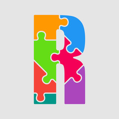 Vector jigsaw font colour puzzle piece letter - R.