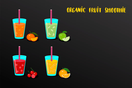 Set of fruit smoothies in a glass with ingredients fresh orange, apple, tangerine and cherry. Organic health smoothie.