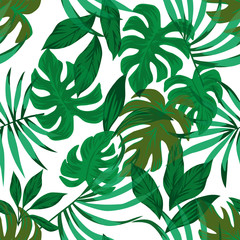 Tropical leaves green seamless white background