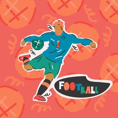 Handdrawn vector illustration of a football player. Colored print with a silhouette of a athlete.