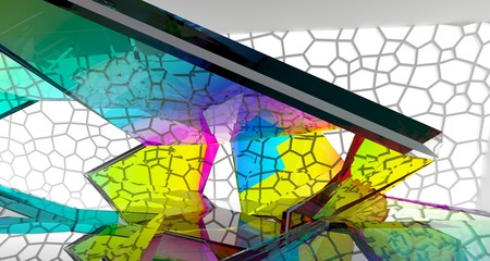 Abstract white and colored gradient glasses interior multilevel public space with window. 3D illustration and rendering.