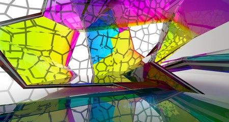 Abstract white and colored gradient glasses interior multilevel public space with window. 3D illustration and rendering.