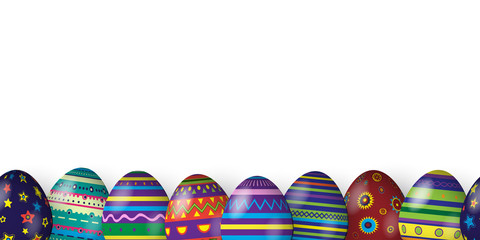 Horizontal seamless pattern made of Easter eggs with different texture on white background. Vector spring holiday seamless background.