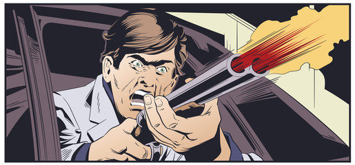 Criminal with gun in car. Stock illustration.