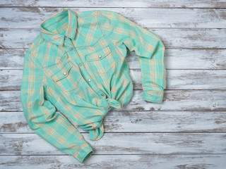Womens clothing (plaid shirt). Fashion outfit, spring summer collection. Shopping concept. Flat lay, top down view