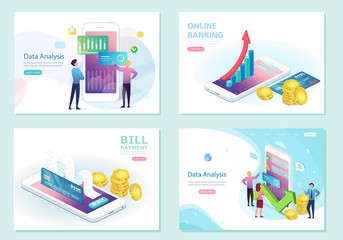 Set of concepts for teamwork, project management, business workflow, success, social media, online payment, investment . Flat isometric vector concept of receipt, online payment, money transfer, mobil