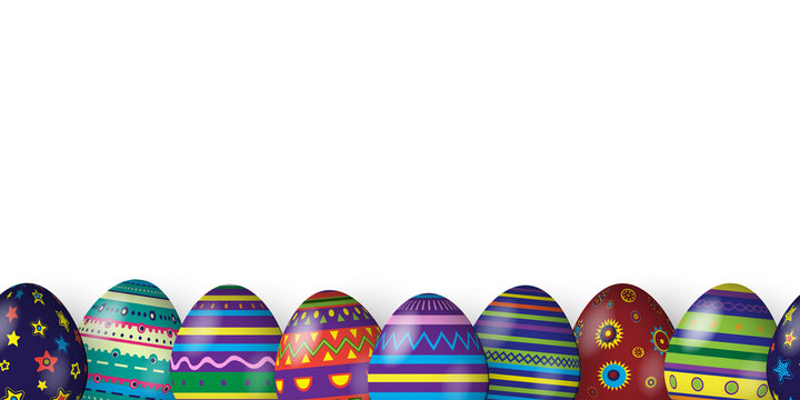 Horizontal seamless pattern made of Easter eggs with different texture on white background. Vector spring holiday seamless background.