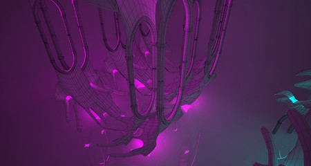 Abstract  white Futuristic Sci-Fi Gothic interior With Pink And Blue Glowing Neon Tubes . 3D illustration and rendering.
