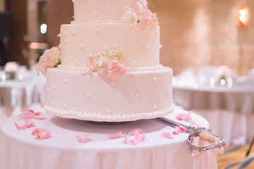 wedding sword for cake put near wedding cake in soft pink tone decorate with flower and some petal
