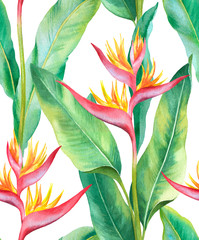 Watercolor heliconia flower. Hand painted seamless pattern design