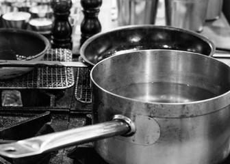 Steel pots, Stainless steel kitchenware Black & White, stove cooking, Utensils for cooking