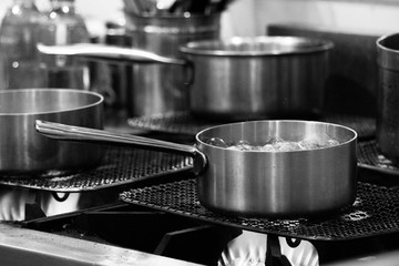 Steel pots, Stainless steel kitchenware Black & White, stove cooking, Utensils for cooking