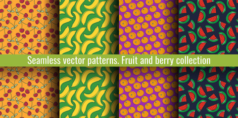 Seamless pattern set. Juicy fruit and berry collection. Cherry, banana, orange, watermelon, tangerine. Hand drawn color vector sketch background. Colorful doodle wallpaper. Summer print