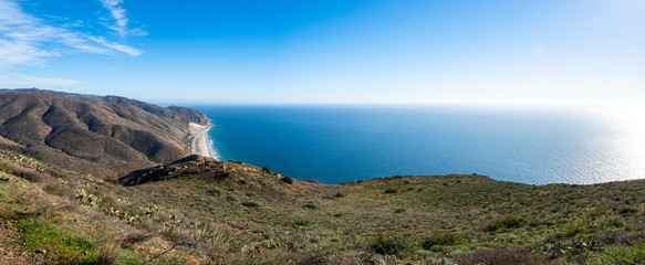 View of Pacific Ocean and Pacific Coast Highway, HIghway One, from Chumash and Mugu Peak trail,...