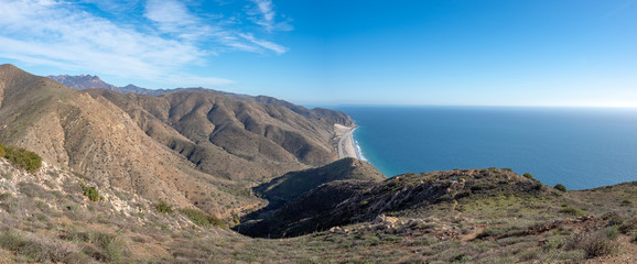 View of Pacific Ocean, from Chumash and Mugu Peak trail, Point Mugu State Park, Ventura County, California, USA