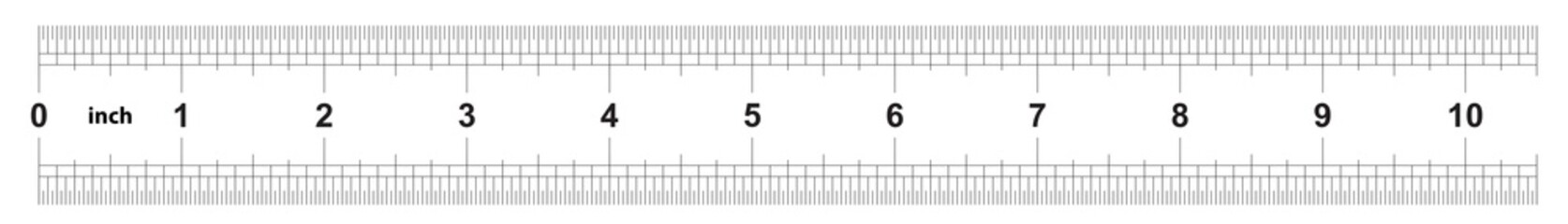 Ruler 10 inches imperial. The division price is 1/32 inch. Ruler double sided. Precise measuring tool. Calibration grid. - obrazy, fototapety, plakaty