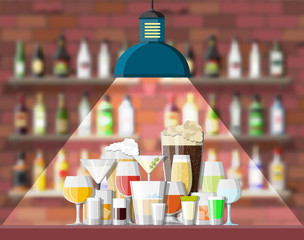 Drinking establishment. Interior of pub, cafe or bar. Bar counter, shelves with alcohol bottles, lamp. Wooden and brick decor. Vector illustration in flat style