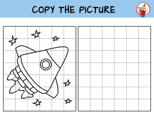 Space rocket flying. Copy the picture. Coloring book. Educational game for children. Cartoon vector illustration