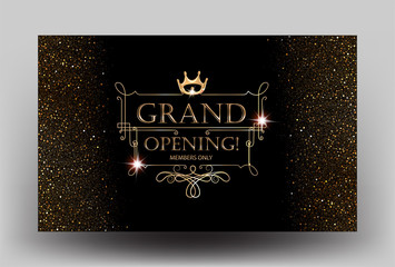 Grand Opening card with golden dust and vintage golden frame. Vector illustration