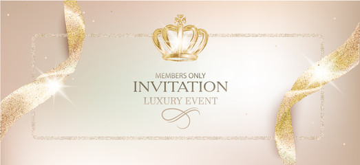 Elegant invitation beige card with sparkling ribbons and crown. Vector illustration