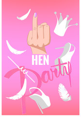 Hen party banner with girl design elements and feathers. Vector illustration