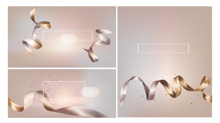 Invitation beige cards with beautiful levitating ribbons and graduation caps. Vector illustration