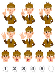 指で数字を数える探偵の上半身　表情と数字のセット