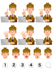 指で数字を数える探偵の上半身とパソコン　表情と数字のセット