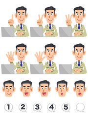 指で数字を数える工務店の男性の上半身とパソコン　表情と数字のセット