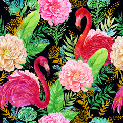 Seamless pattern, tropics, pink flamingos, gold, watercolor illustration for printing on fabric