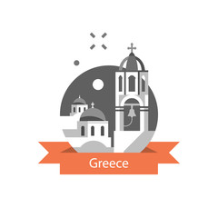 Fototapeta premium Greek architecture, Greece travel destination, Santorini white and blue houses with dome roof stylized concept, bell tower