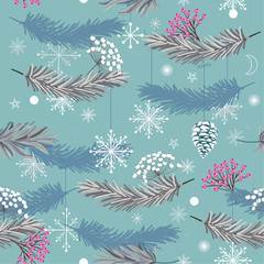 Holiday seamless vector pattern with leaves ,flowers and snow flake in winter blue colors for Christmas designs