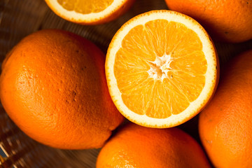 Fresh juicy oranges on wooden table