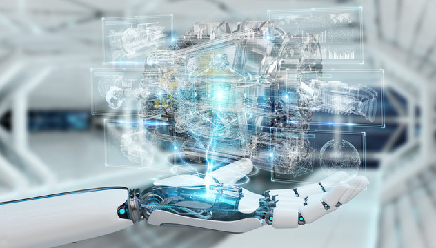 Cyborg using wireframe holographic 3D digital projection of an engine