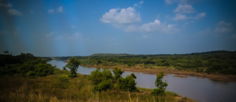 Landscape panorama view to Oti river, tributary of Volta river , Sabari, Ghana