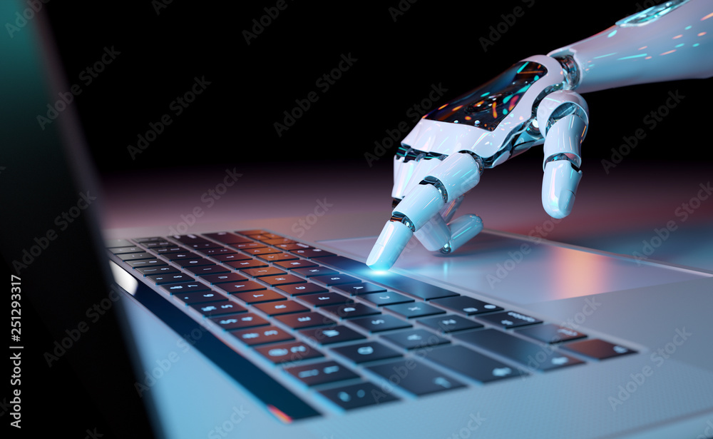 Wall mural robotic hand pressing a keyboard on a laptop 3d rendering