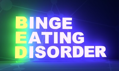 Acronym BED - Binge Eating Disorder. Helthcare conceptual image. 3D rendering. Neon bulb illumination