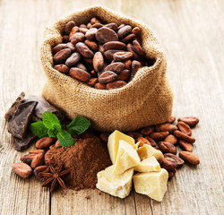 Cocoa beans, butter and chocolate