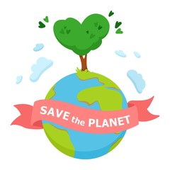 Save the planet concept Illustration Green heart-tree on planet earth and pink ribbon. Vector illustration on white background