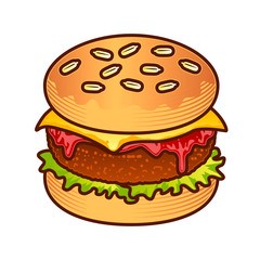Burger food icon. Cartoon hand draw illustration of burger for web design, menu, game isoleted on white