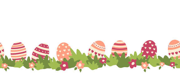 Easter eggs seamless vector border. Easter eggs, flower bushes repeating background. Cartoon style. Use as decoration for web banner, Digital paper, kids fabric, card decor, Easter card