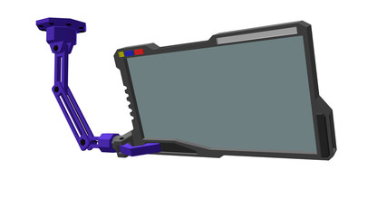 Robotic arm with futuristic monitor. 3d Vector illustration.