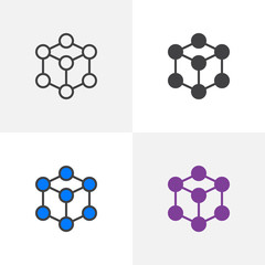 Molecule cube structure icon. Line, glyph and filled outline colorful version, Atoms square outline and filled vector sign. Symbol, logo illustration. Different style icons set