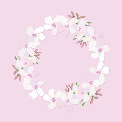 Floral wreath with branch of delicate pink blooming flowers, bud and leaves isolated on pink background. Design for invitation, wedding or greeting cards with tropical exotic oleander. Vector