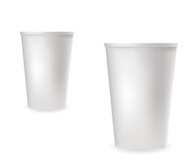 Realistic white plastic cups for cold and hot drinks.