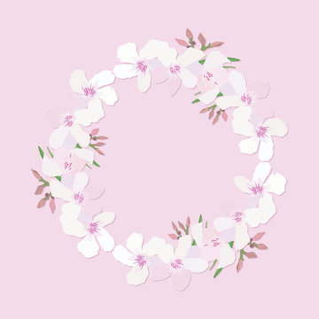 Floral wreath with branch of delicate pink blooming flowers, bud and leaves isolated on pink background. Design for invitation, wedding or greeting cards with tropical exotic oleander. Vector